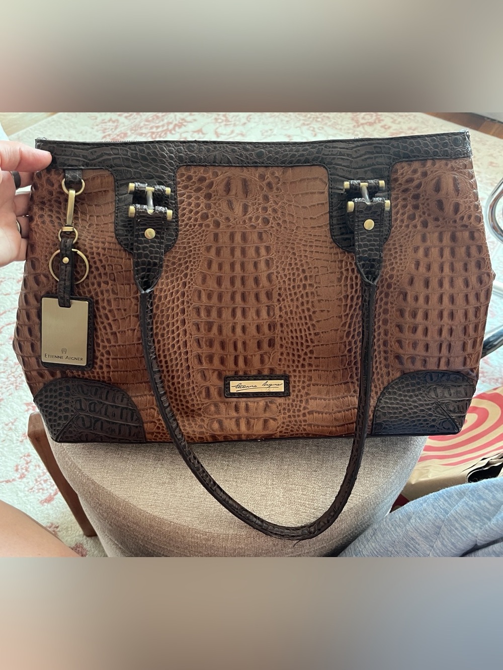 Etienne Aigner Brown and Dark Brown Croc-Embossed Tote